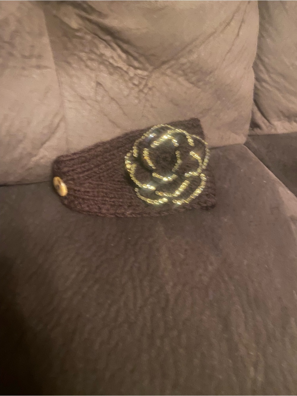 American Vintage Brown Knit Headband with Gold Flower